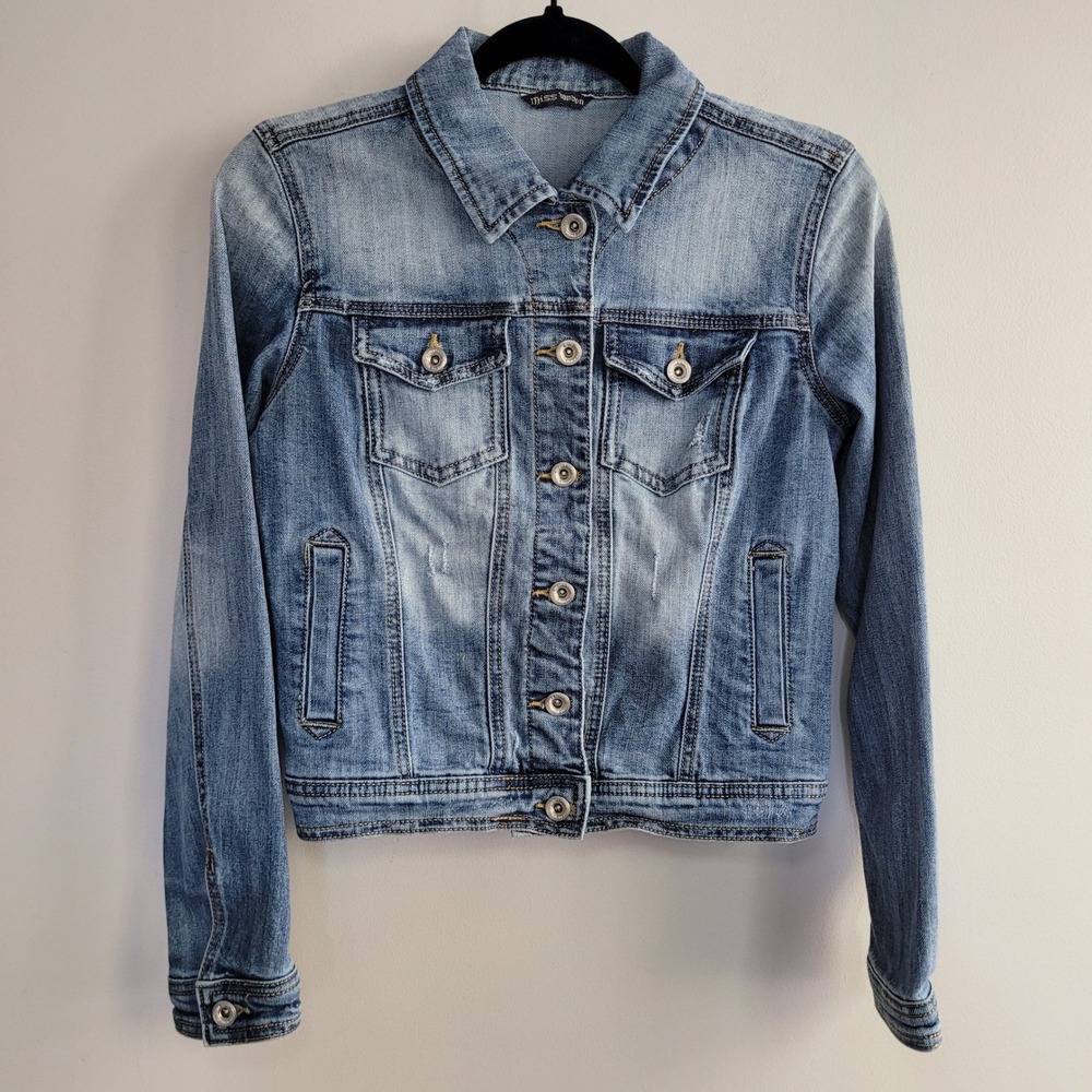 Y2K Miss Bonbon medium cropped‎ denim jacket light wash distressed grunge rocker